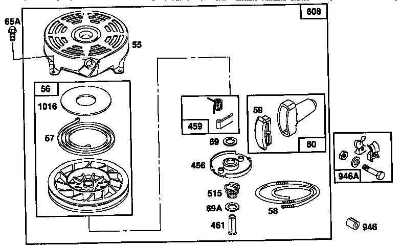 Rewind Starter Diagram and Parts List for 124700-124799 7055 Briggs and Stratton Engine